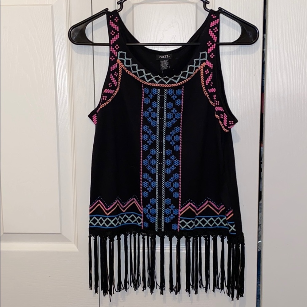 black tank with fringe and print - NWT